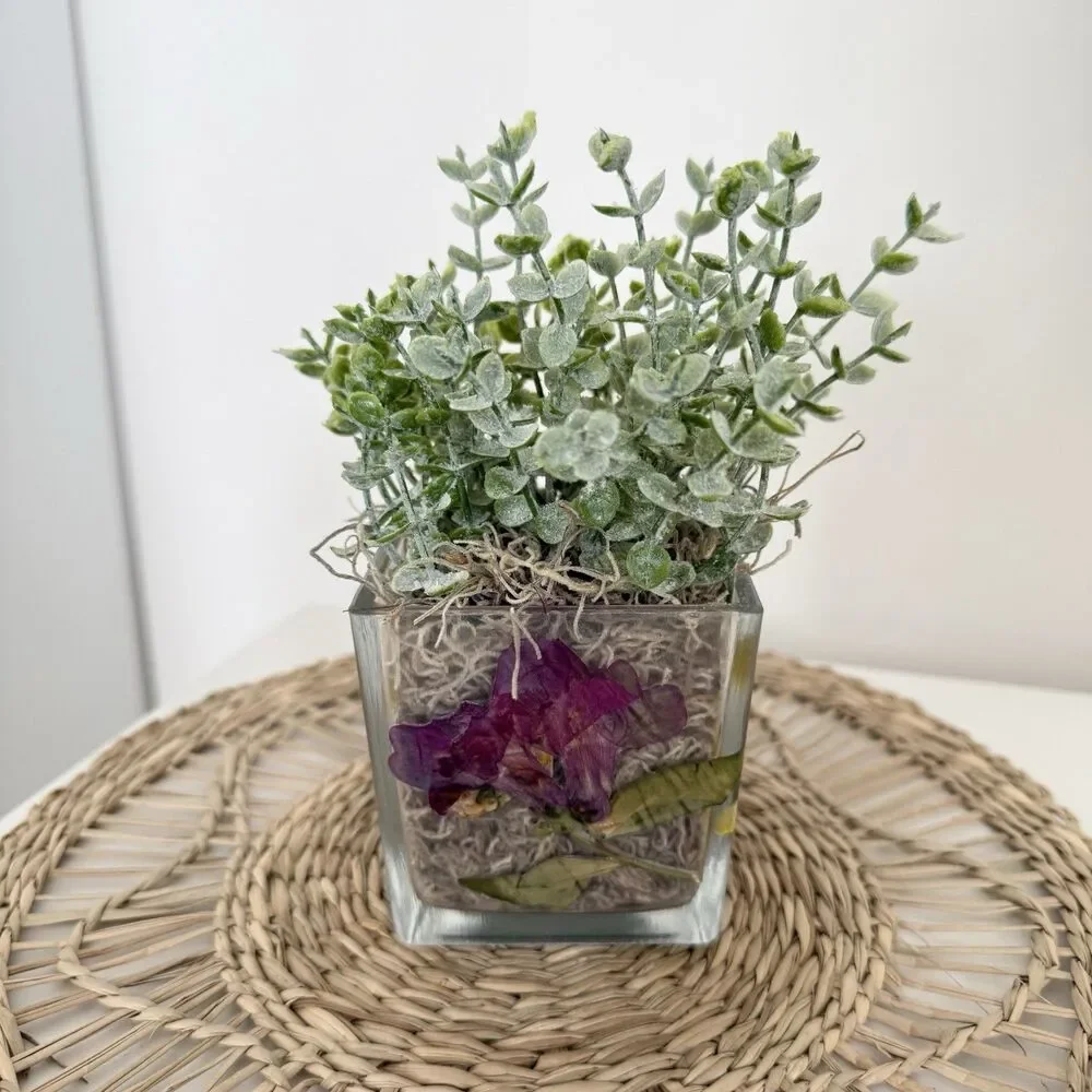 Handmade Faux Green Plant Arrangement In Dried Flower Glass Planter